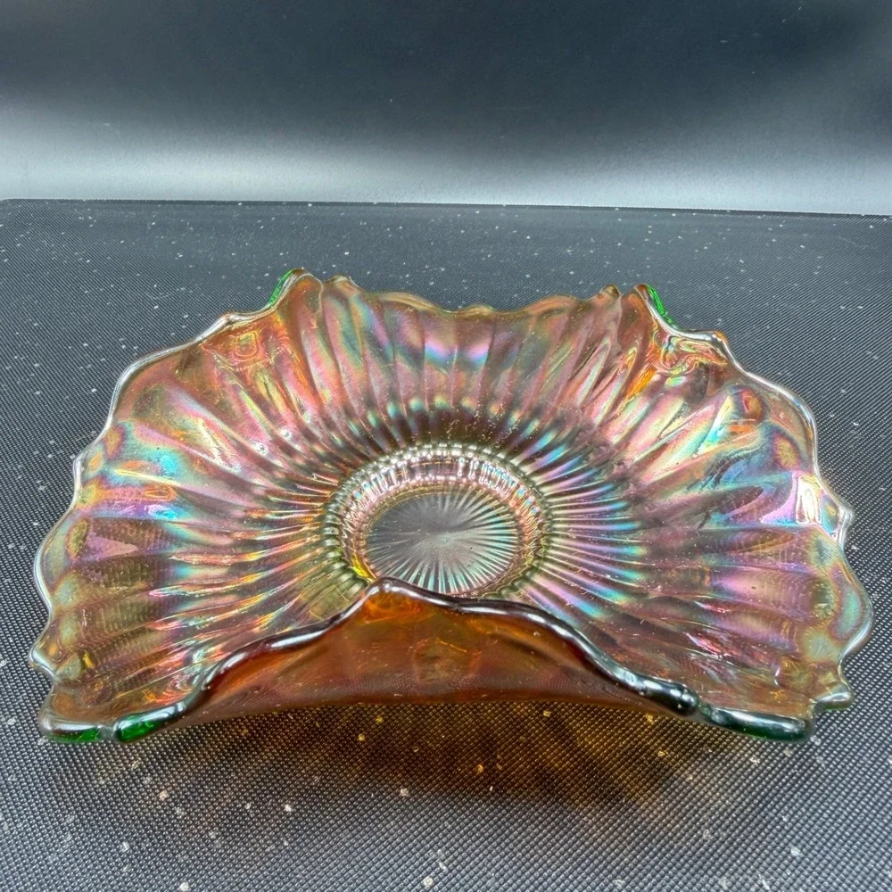 Vintage Carnival Glass Bowl Tri Corner Ruffled‎ Fluted Marigold Iridescent Green